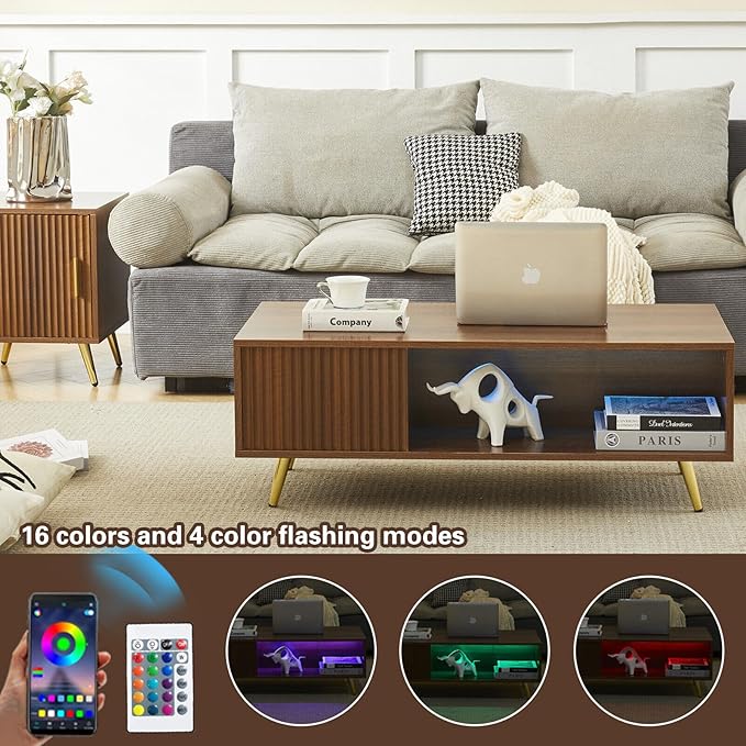 COSVALVE 41.3IN LED Walnut Coffee Tables for Living Room with 16 Colors LED Lights, Modern Minimalist Coffee Table with Fluted Panel, Rectangle Center Table Game Table