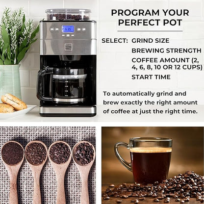Koolatron Kenmore Elite Grind and Brew Coffee Maker - Built-In Grinder, Automatic Drip Coffee Machine, 12 Cup Programmable Brewer, Bean Grinder and Ground Coffee Brewer, Cafetera con Molino Integrade