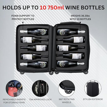 Wine Bottle Suitcase | Holds 10 Standard 750 ML Size Bottles | Universal Airplane Luggage Case, TSA Approved Wheeled Bag For Professionals and Consumers, Gift For Wine Lovers & Connoisseurs (24 IN)