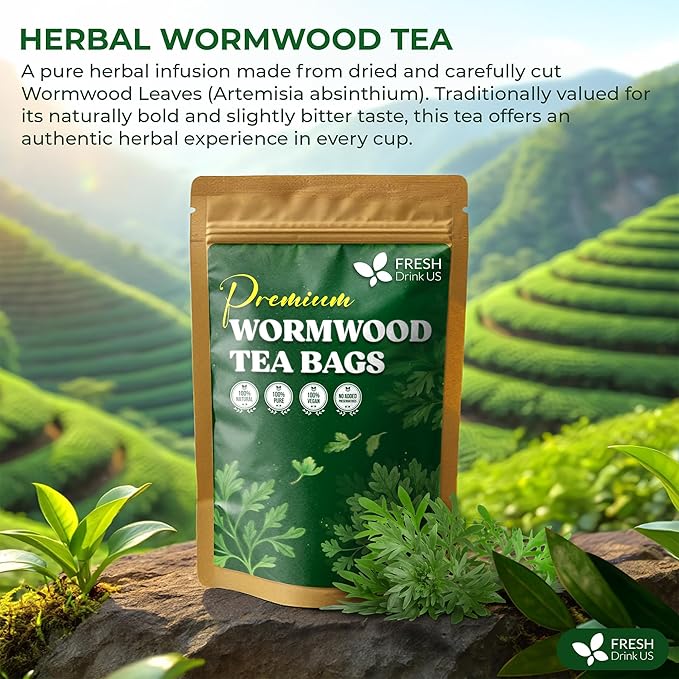 FreshDrinkUS, Premium Wormwood Tea - 135 Tea Bags - Handcrafted Herbal Blend, Caffeine-Free – Smooth Taste & Naturally Refreshing.