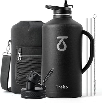 Trebo 128 oz Water Bottle Insulated with Handle, One Gallon Stainless Steel Metal Large Jug, Travel Flask with Straw Spout Lid, Mug Tumbler Cup with Carry Pouch, Keep Cold Hot, Black