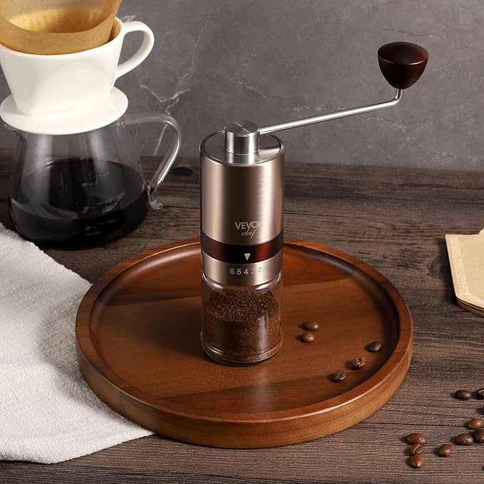 VEVOK CHEF Gold Manual Coffee Grinder Stainless Steel Burr Coffee Grinder with Portable Bag External Adjustable Setting Small Hand Coffee Grinder Ultra Fine for Espresso at Home Morning Coffee
