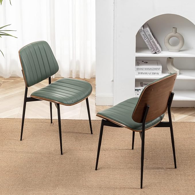 LUNLING Dining Chairs Set of 2 Mid Century Modern Retro Faux Leather Chair with Walnut Bentwood Upholstered Seat Metal Legs Chairs,Adjustable Foot for Kitchen Dining Room Chairs(Green)