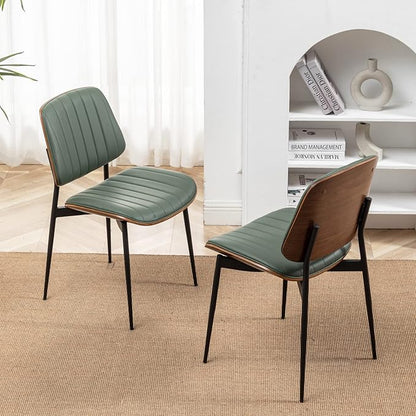 LUNLING Dining Chairs Set of 2 Mid Century Modern Retro Faux Leather Chair with Walnut Bentwood Upholstered Seat Metal Legs Chairs,Adjustable Foot for Kitchen Dining Room Chairs(Green)