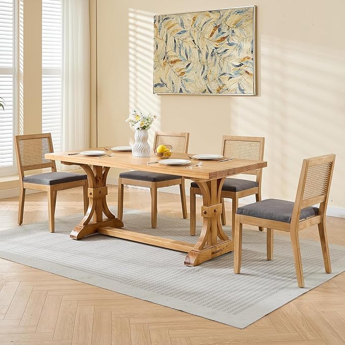 Vintage French Country Dining Chairs Set of 6, Rattan Dining Chairs with a Low Square Back, Grey Upholstered Dining Chair, Sillas para Comedor, Kitchen & Dining Room Chair (Gray, Rattan, 6Pcs)