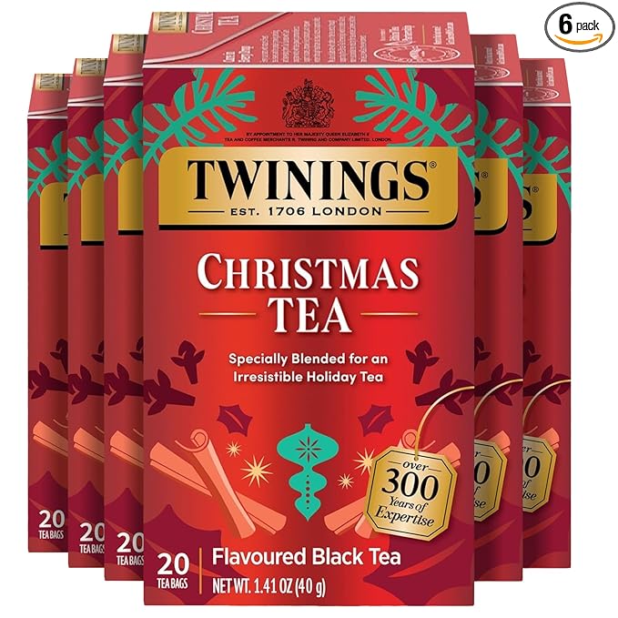 Twinings Christmas Black Tea Individually Wrapped Bags, 20 Count (Pack of 6), Aromatic Cinnamon & Clove, Caffeinated, Enjoy Hot or Iced, 120 Teabags