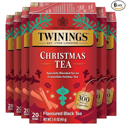 Twinings Christmas Black Tea Individually Wrapped Bags, 20 Count (Pack of 6), Aromatic Cinnamon & Clove, Caffeinated, Enjoy Hot or Iced, 120 Teabags