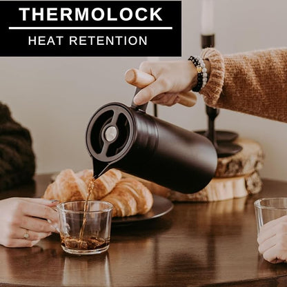 HASTINGS 40 Oz Pour Over Coffee Maker Set with Double Layer Reusable Stainless Steel Filter 8-Cup and Wood Handle - Dual Wall Heat Resistant Drip Coffee Brewer, Pour Over Coffee Dripper Carafe, Black