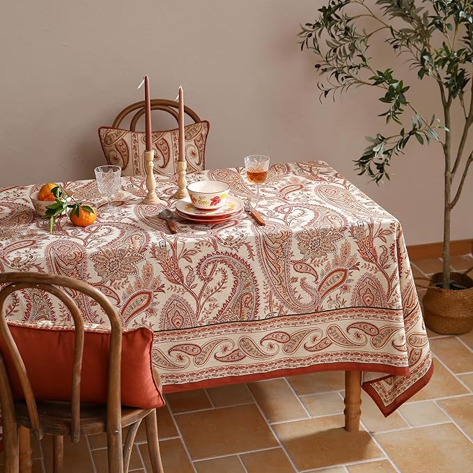 Designer French Red Square Tablecloth,Fall Linen Table Cloth with Cashew Pattern,Stain Proof Decor Tablecloths for Dining Thanksgiving Kitchen Christmas,67"*67"-Chauffrey D