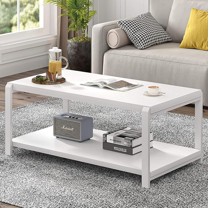 EXCEFUR White Coffee Table with Storage, Modern Center Table for Living Room, Rustic Wood and Metal Cocktail Tables, White Oak