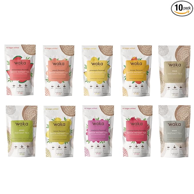 Waka — Green & Black Instant Tea Sample Bundle — No Sugar Added & Unsweetened — 10 X 0.45 oz Sample Packs For Hot or Iced Tea (Up to 20 Cups or 5 Quarts EA)