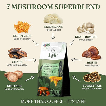 LYFE Organic Instant Mushroom Coffee – Lion’s Mane, Chaga, Cordyceps, Turkey Tail | USA Grown Adaptogenic Mushrooms for Better Energy, Focus, Gut Health, Immunity – 40 Servings