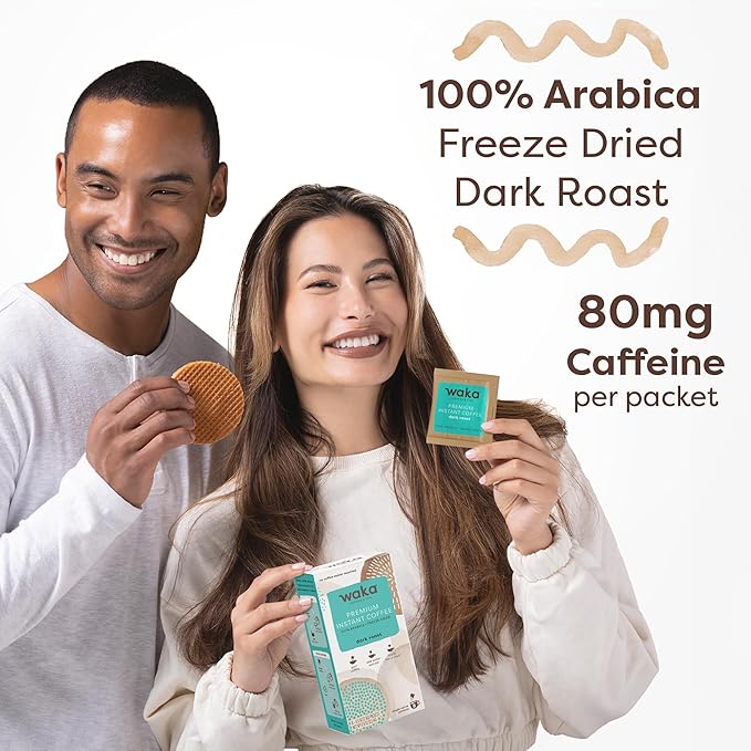 Waka Premium Instant Coffee Sachets — 100% Arabica Freeze Dried Beans — For Hot or Iced Coffee (8 Count, Dark Roast)
