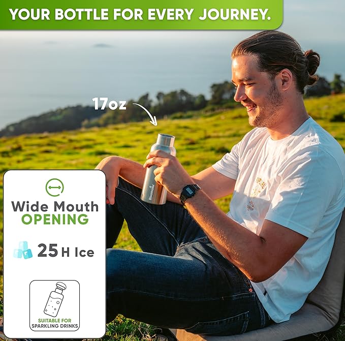 Blockhütte Vacuum Insulated Stainless Steel Water Bottle I 17 oz I Wide Mouth Metal Bottle for hot and cold drinks I BPA-Free I perfect for Travel, School I Kids, Adults, Water Canteen, Sports, flask