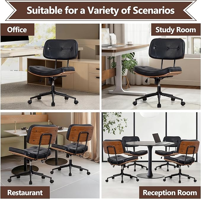 Armless Office Chair with Wheels, Adjustable Height Desk Chair Leather Swivel Computer Chair, Modern Walnut Office Side Chair for Meeting Room Office, Black