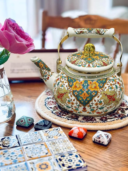 Floral Enamel Tea Kettle Vintage Gold Beige Teapot Colorful Boho Hot Water Coffee Kettle Pot 2.5L Porcelain Tea Pot with Ceramic Handle for Stovetop Hot Water Kitchen Decor