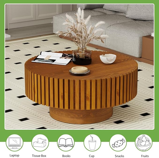 Handmade Round Grooved Drum-Shaped Coffee Table、Rustic Modern Circular Centerpiece for Living Room & Farmhouse Decor、Easy to Clean (D Wood 31in)