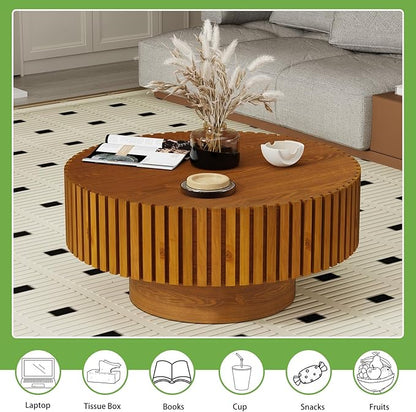 Handmade Round Grooved Drum-Shaped Coffee Table、Rustic Modern Circular Centerpiece for Living Room & Farmhouse Decor、Easy to Clean (D Wood 31in)