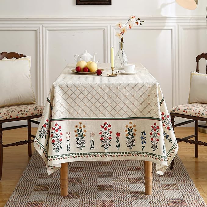 Designer Vintage Linen Floral Long Rectangle Tablecloth,Fall Colorful Modern Table Cloth,Anti-Wrinkle Decor Tablecloths for Dining Thanksgiving Kitchen Christmas,63"*94"-Bertina E