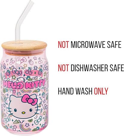Silver Buffalo Sanrio Hello Kitty Neon Fruits Rainbows and Hearts Pattern Glass Jar Tumbler with Bamboo Lid and Glass Straw, 16 Ounces