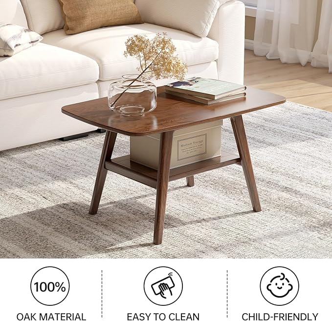 100% Solid Wood Coffee Table for Living Room, 31.5" Small Tables with Shelf Storage, Mid Century Modern Storage Coffee Table with Rounded Corners (Oak Wood Walnut Color)