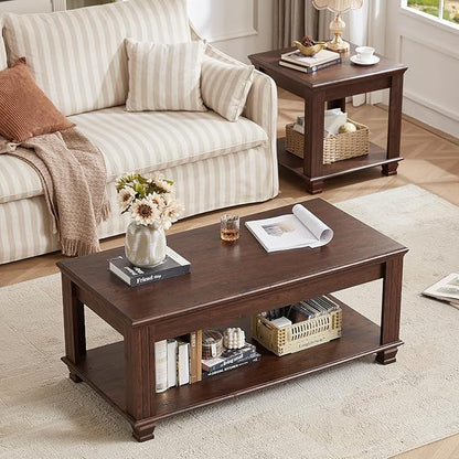 Farmhouse Coffee Tables for Living Room,Square Living Room Tables with Open Storage Shelf,Large Modern Coffee Table,Rustic Brown Center Table,Walnut