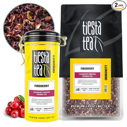 Tiesta Tea - Fireberry Cranberry Hibiscus Loose Leaf Tea, Premium Caffeine-Free Rooibos Blend, Brew Hot or Iced, Makes Up to 250 Cups, 16oz Bulk Pouch & 5oz Refillable Tin Set