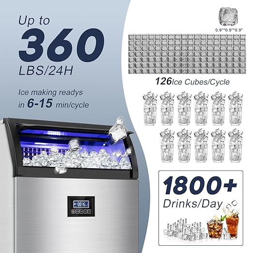 350 Lbs/24H Commercial Ice Maker – 80 Lbs Storage Bin, 126 Ice Cubes Per Cycle – Stainless Steel Undercounter/Freestanding Design, Perfect for Home, Bar, and Outdoor Use, Self-Cleaning Function