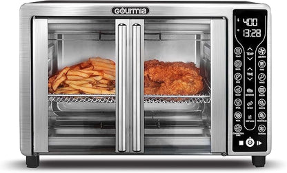 Gourmia Toaster Oven Air Fryer Combo 17 cooking presets 1700W french door digital air fryer oven 24L capacity accessories, convection rack, baking pan tray recipe book GTF7655,Large,Stainless Steel