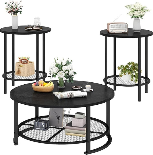 DKLGG 3 Pieces Black Coffee Tables for Living Room Table Sets, Round Wooden Coffee Table 3-Piece, Coffee and End Tables with Open Storage for Apartment Home Office, Small Spaces (Black)