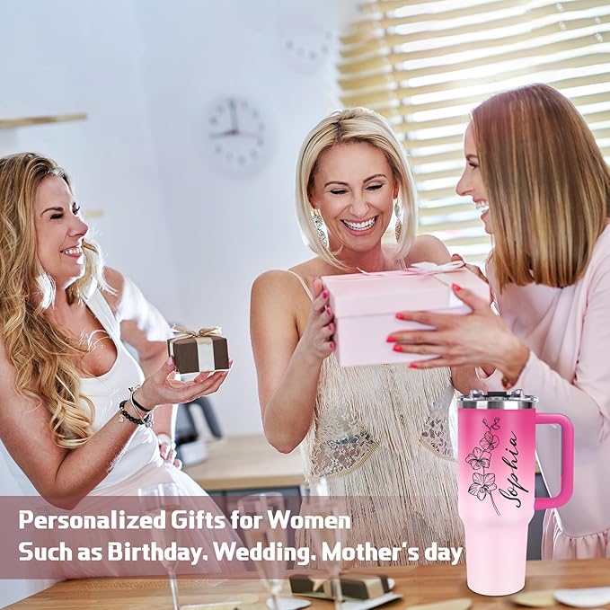 Personalized 40oz Tumbler with Handle and Straw, Custom Tumbler with Names & Birth Month Flower, Stainless Steel Travel Coffee Mug, Personalized Birthday Gifts For Women