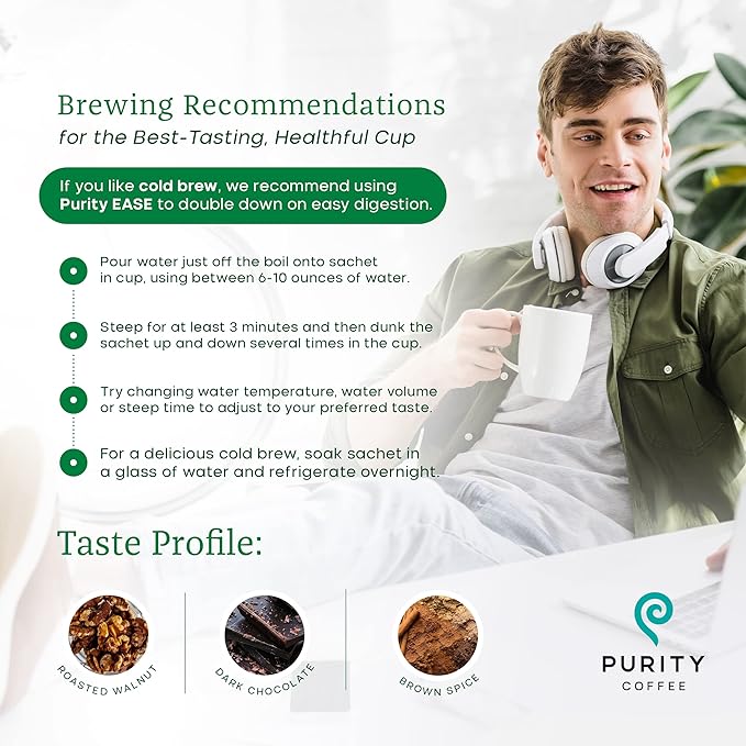 Purity Coffee EASE Dark Roast Low Acid Organic Coffee - USDA Certified Organic Specialty Grade Arabica Single-Serve Packets - Third Party Tested for Mold, Mycotoxins and Pesticides - 5 ct Box