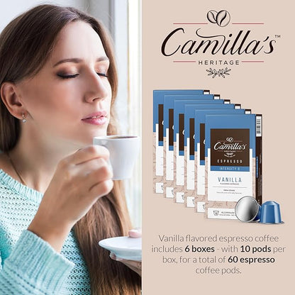 Camilla’s Heritage - Intensity 8 Vanilla Flavored Espresso Coffee, Gourmet Espresso Cups, 60 Coffee Pods