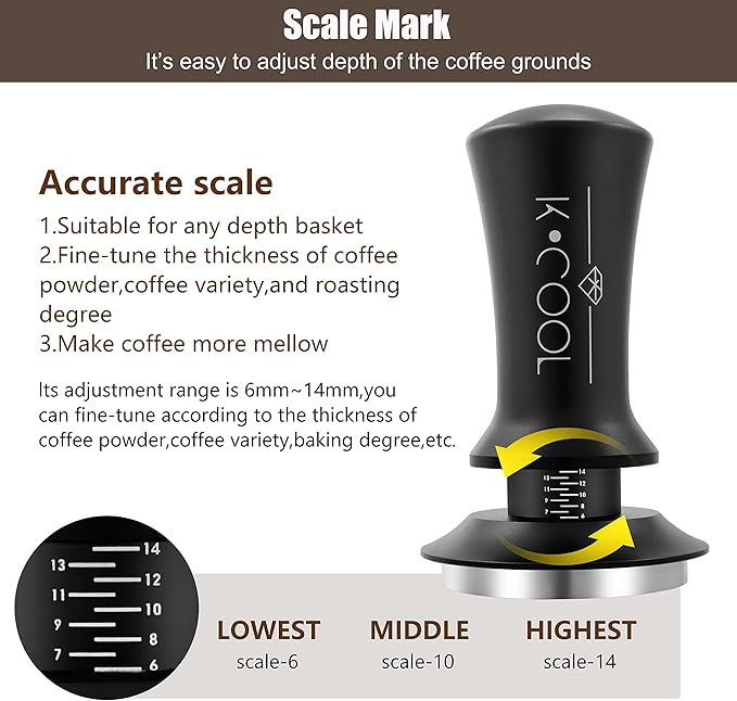 K COOL 51mm Coffee Espresso Tamper, Premium Barista Tools, Calibrated Spring Tamper, 100% Stainless Steel Flat Base Tamper with Scale Mark for Espresso Machine (Black)