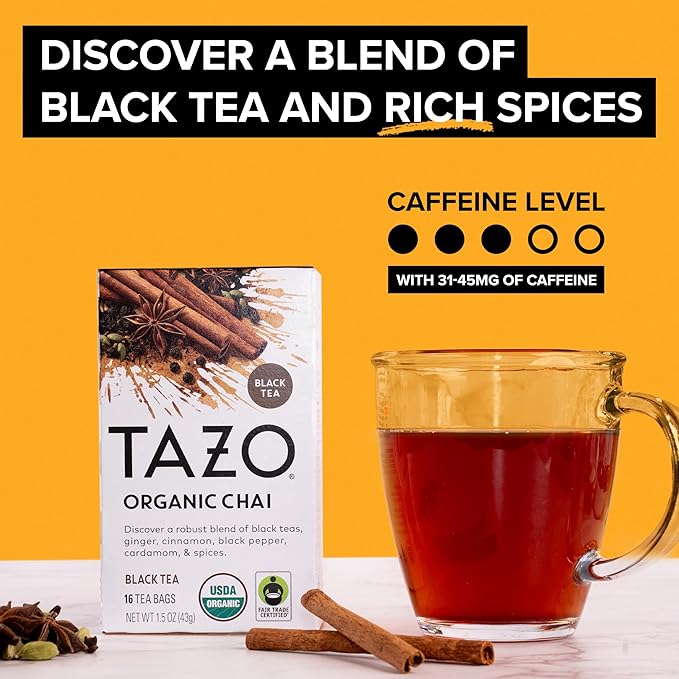 TAZO Organic Chai Black Tea Bags, Blend of Black Teas, Ginger, Cinnamon, Black Pepper & Cardamom, 96 Total Tea Bags (16ct - Pack of 6)