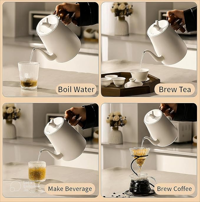 [UPGRADED] Gooseneck Electric Kettle, 1L Stainless Steel, Wooden Handle Electric Kettle, Auto Shut-Off,Precise Temperature Control for Pour Over,Hot water, Coffee & Tea| US Versioin| White