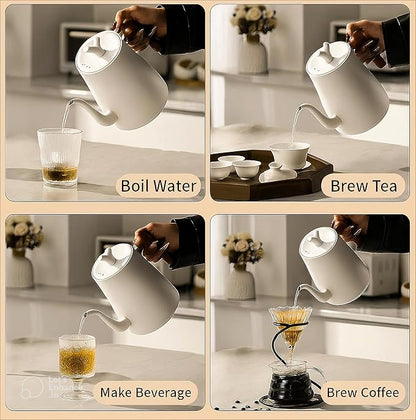 [UPGRADED] Gooseneck Electric Kettle, 1L Stainless Steel, Wooden Handle Electric Kettle, Auto Shut-Off,Precise Temperature Control for Pour Over,Hot water, Coffee & Tea| US Versioin| White