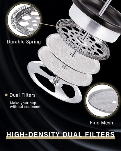 POLIVIAR French Press Coffee Maker, 12 oz Portable French Press with Mini Canister and Collection Bag, Double Wall Insulation & Dual- Filter Screen, Food Grade Stainless Steel for Coffee