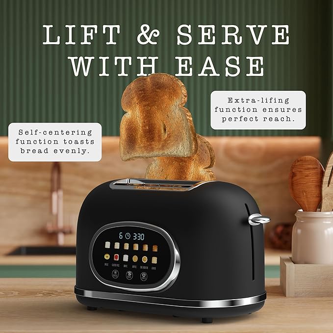 Rae Dunn Retro Digital Electric Toaster, 2 Slice Stainless Steel Toaster With Touchscreen, Countdown Timer, 6 Shade Settings, Wide Slots, High Lift Lever, Bagel, Defrost & Reheat, Black New