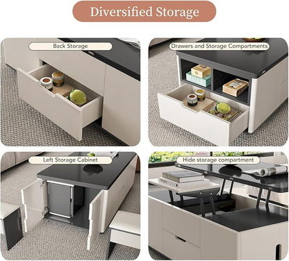 Lift Top Coffee Table with 4 Stools, 3 in 1 Multi-Function Center Table, Modern Lift Tabletop Coffee Table, Extendable Dining Table for Living Room (47.24 Inch)