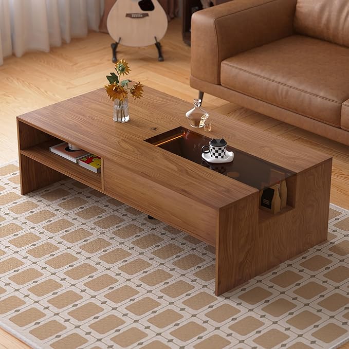 Coffee Table with LED Lights, 51" Modern Rectangular Living Room Center Table with Storage Shelves & Hidden Compartment, Stylish Tea Table for Apartment, Home, Office