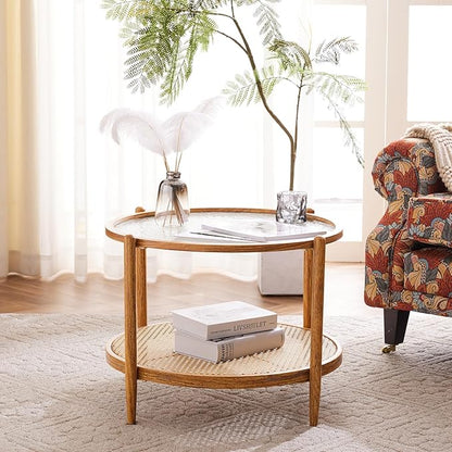 VINGLI 25.6" Rattan Coffee Table, Round Water-Wave Glass Metal Center Table, Modern Coffee Table with 2-Tier Storage, Farmhouse Circular Table for Living Room and Small Space, Natural Vibe