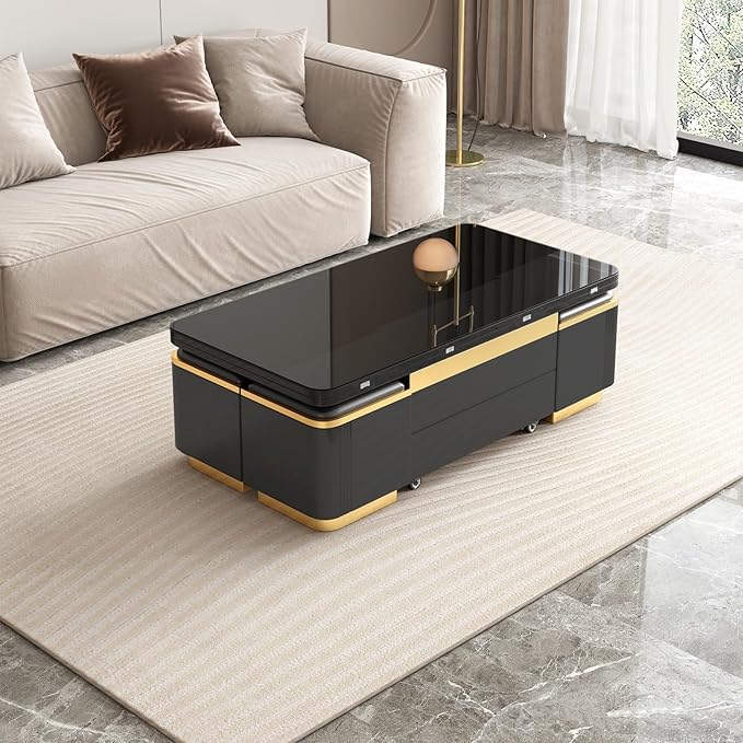 Multifunctional Lift Top Coffee Table, Extendable Coffee Table with 4 Storage Stools, Space Saving Folding Dining Table for Living Room, Office, Small Space