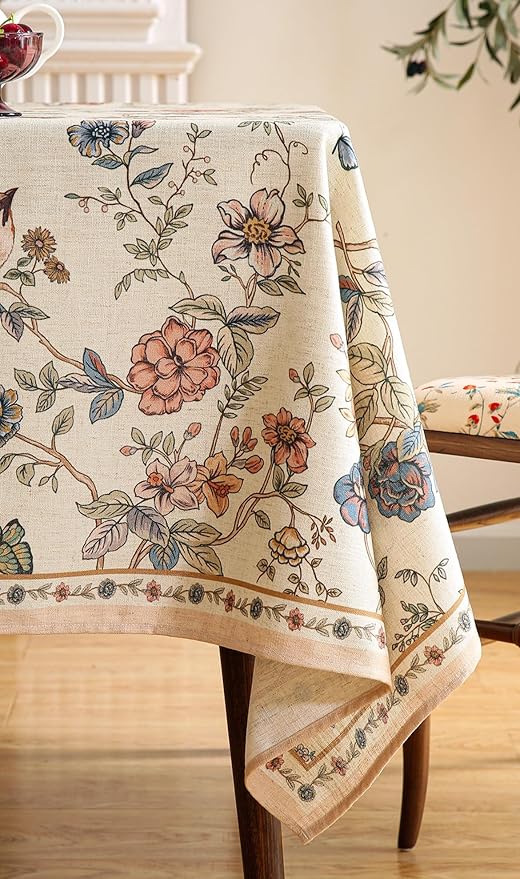 Designer French Light Beige Table Cloth for Rectangle Table,Linen Florals and Birds Pattern Tablecloth,Durable Decorative Tablecloths for Dining Thanksgiving Kitchen,55"*79"-Cornucopia