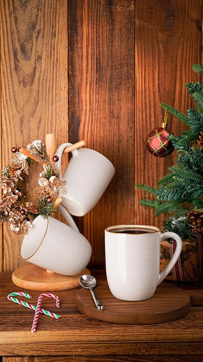 famiware Tempus Coffee Mugs Set of 4, 14 oz Cup Set, Stoneware Mugs with Handle for Coffee, Tea, Cocoa, Milk, Cappuccino, Microwave Safe - Antique White