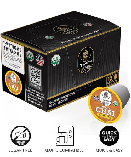 Organic Chai Black Tea Pods for Keurig Naturally Caffeinated by Teavity (24 Tea Pods)