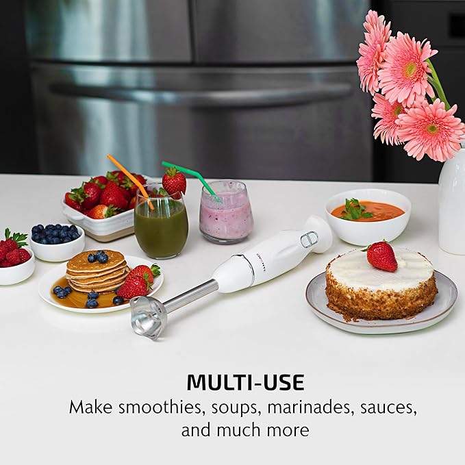 OVENTE Immersion Hand Blender, 300W Electric Handheld Portable Stick Mixer with 2 Mixing Speed and Stainless Steel Blades for Effortless Blending Smoothies, Shakes, Puree or Baby Food, White HS560W