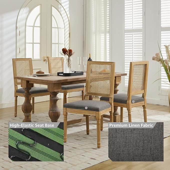 French Country Dining Chairs Set of 2, Grey Modern Kitchen & Dining Room Chairs, Rattan Dining Chair with Linen Upholstered Cushion, High Cane Back, Wood Legs, Sillas de Comedor (Gray, 2 Pcs)