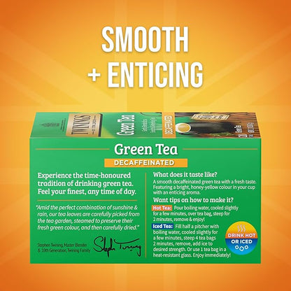 Twinings Decaffeinated Green Tea Individually Wrapped Bags, 20 Count (Pack of 6), Smooth Flavour, Enticing Aroma, Enjoy Hot or Iced, 120 Teabags