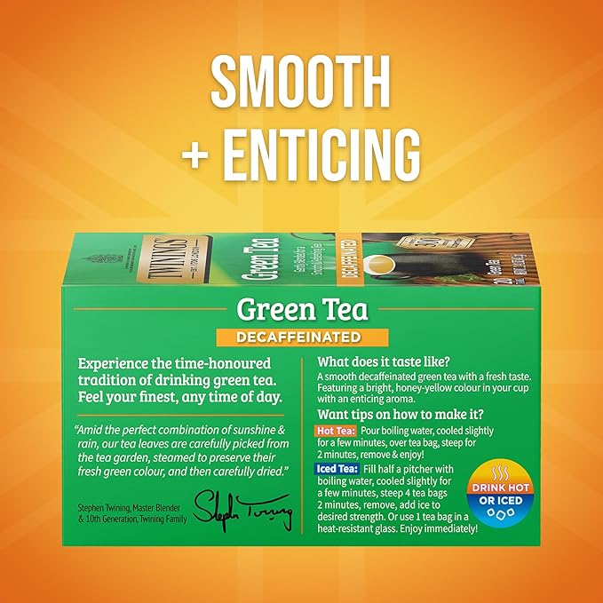 Twinings Decaffeinated Green Tea Individually Wrapped Bags, 20 Count (Pack of 1), Smooth Flavour, Enticing Aroma, Enjoy Hot or Iced, 20 Teabags